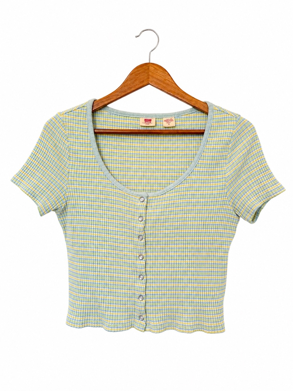 Levi's Light Green and Yellow Plaid Ribbed Button-Front Tee